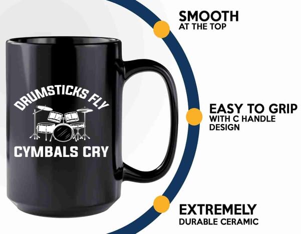 Taza de café para músicos, 15 onzas, negra, con diseño de baquetas y platillos miniatura 5