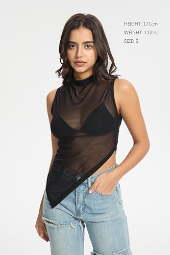 QJQ Women's Sheer Mesh Tank Tops Mock Neck Sleeveless Asymmetrical Hem Crop Top See Through Shirts3