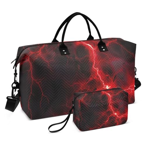 Travel Duffel Bag Large Weekender Overnight Bags for Women Men, Red Lightning on Black Gym Bag with Toiletry Bag