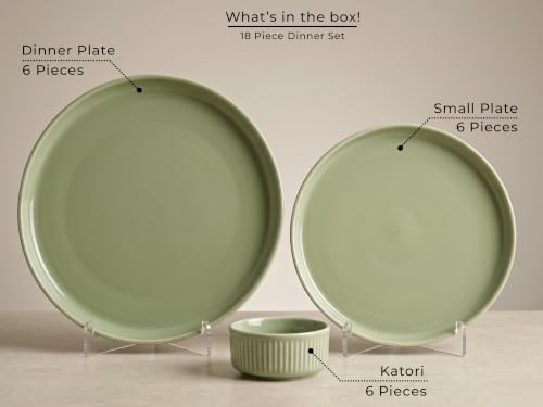 Image of Bodhi House 18 Piece Ribbed Porcelain Dinner Set for 6 with 6 Dinner Plates, 6 Quarter Plates & 6 Katori, Microwave & Dishwasher Safe, Chip Resistant Crockery Set for Home & Gifting, Tea Green