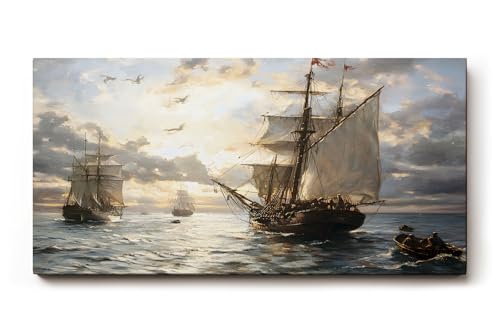 Sinus Art Wandbild 100x50cm Romantische Seeszene mit alten Segelschiffen, Möwen und Abendstimmung auf ruhiger Wasserfläche