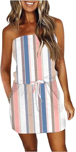 Image of Summer Dress for Women Strapless Beach Cover Ups Boho Sundress Mini Dress Drawstring Waist with Pockets