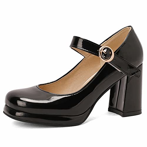 Women Retro Mary Jane Shoes Chunky High Block Heels Patent Leather Buckle Strap Closed Toe Platform Pumps Dress Work Shoes