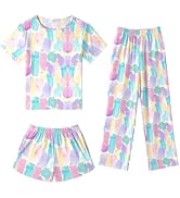 Arshiner Girls Pajama Set 3 Piece Short Sleeve Sleepwear Summer Soft Cute Pjs Outfits