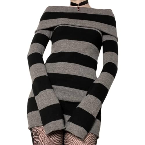 Aopwsrlyi Women's Stripped Long Sleeve Sweater Dress Y2K Off Shoulder Slash Neck Knit Bodycon Mini Dress4