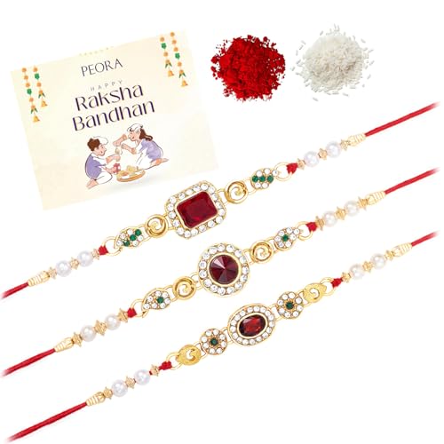 Image of Peora Rakhshabandhan Thread Rakhi for Brother Bhaiya | Crystals & Kundan Studded | Combo, Set of 3 | Rakhi Hamper with Roli Chawal & Greeting Card