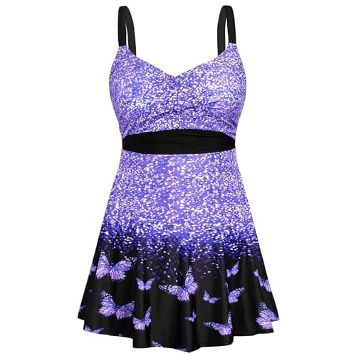 HUSKARY Plus Size Swimsuits for Women Swim Dress Tummy Control Two Piece Bathing Suit Flowy Tankini with Boyshorts Flower05 22 Plus