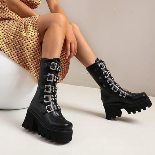 Women Platform Goth Boots Studded Mid Calf Combat Punk Boots Buckle Chunky Heel Back Zipper Thick Sole Ankle Booties4