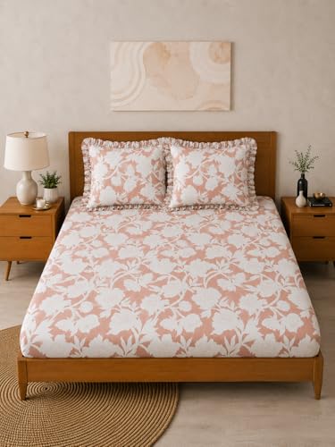 Image of 350 TC Premium Heavy Cotton Feel Elastic Fitted Bedsheet King Size with 2 Frill Pillow Covers King Size || Double Bed with All Around Elastic (PinkFloral, Double)
