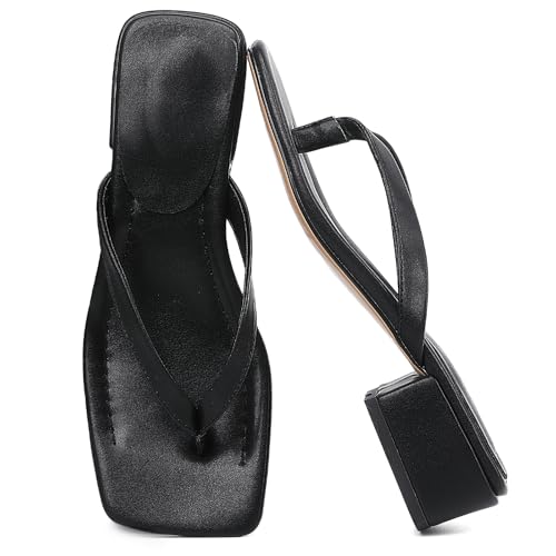 XUNHGAXE Women Flip Flops Squared Toe Chunky Low Heels Thong Sandals Slip On For Casual Summer Beach Slides-black-6 by XUNHGAXE - Used condition - US$46.13