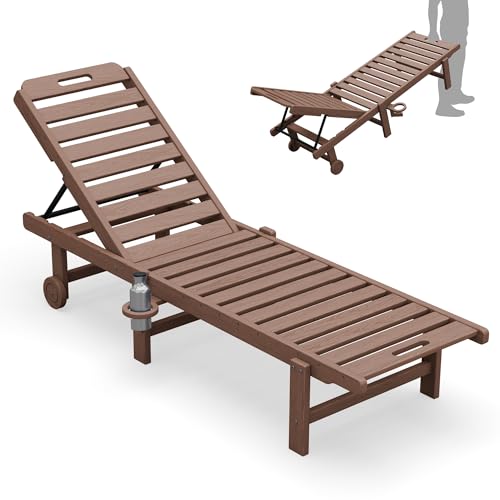 SERWALL Patio Chaise Lounge, HDPE Outdoor Lounge Chair with Cup Holder, 5 Positions Adjustable Poly Lounger with Rolling Wheels for Poolside, Deck, Sunbathing, Brown