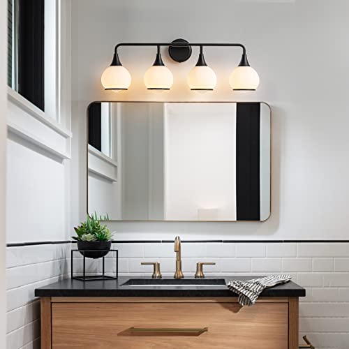 Image of Black Bathroom Light Fixtures 4-Lights Vanity Lights with Milky White Frosted Glass Shade Bathroom Vanity Light 30.7 inch Wall Sconce Lighting Bath(Exclude E26 Bulb)