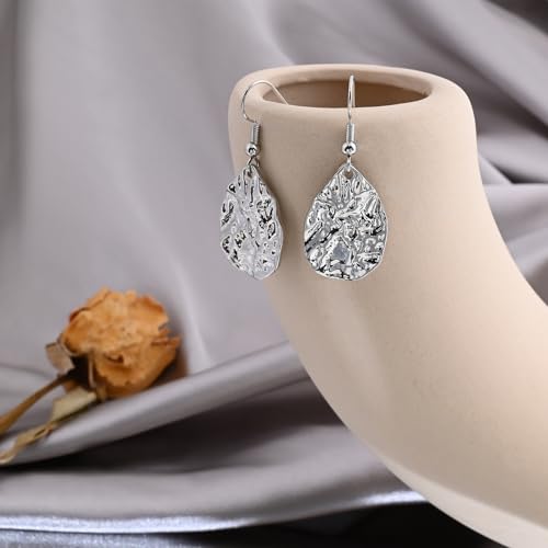 Silver Teardrop Hammered Drop Dangle Earrings for Women Medium Hammered Silver Earrings for Sensitive Ears4