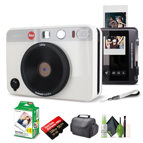 Leica Sofort 2 Hybrid Instant Photo Film and Digital Camera (White) (19188) with LCD Display Bundle with Fujifilm Instant Film 20 Sheets + 128 GB Memory Card + Bag + Cleaning Kit