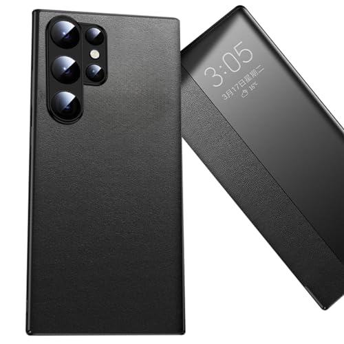 Case for Samsung Galaxy S24 Ultra/S24 Plus/S24, Clear View Flip Case, Business Cowhide Leather Cover Folio Smart Sleep/Wake, Black