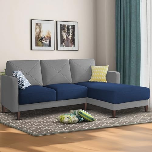 Image of Baloney RHS 4 Seater L Shape Sofa Set for Living Room (Blue Grey Fabric) Premium Fabric Sofa