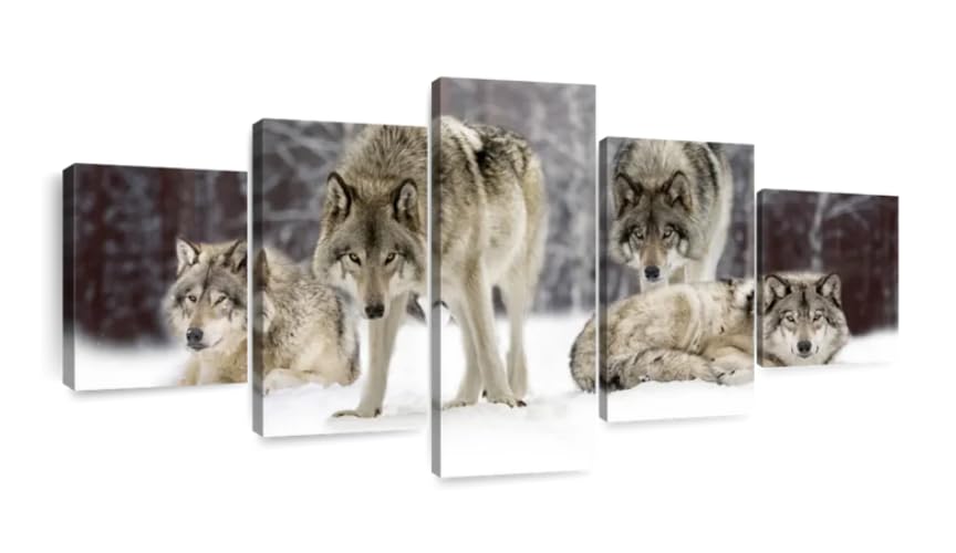Affiche murale loup en 5 parties tableau sur toile decoration salon 150x80cm