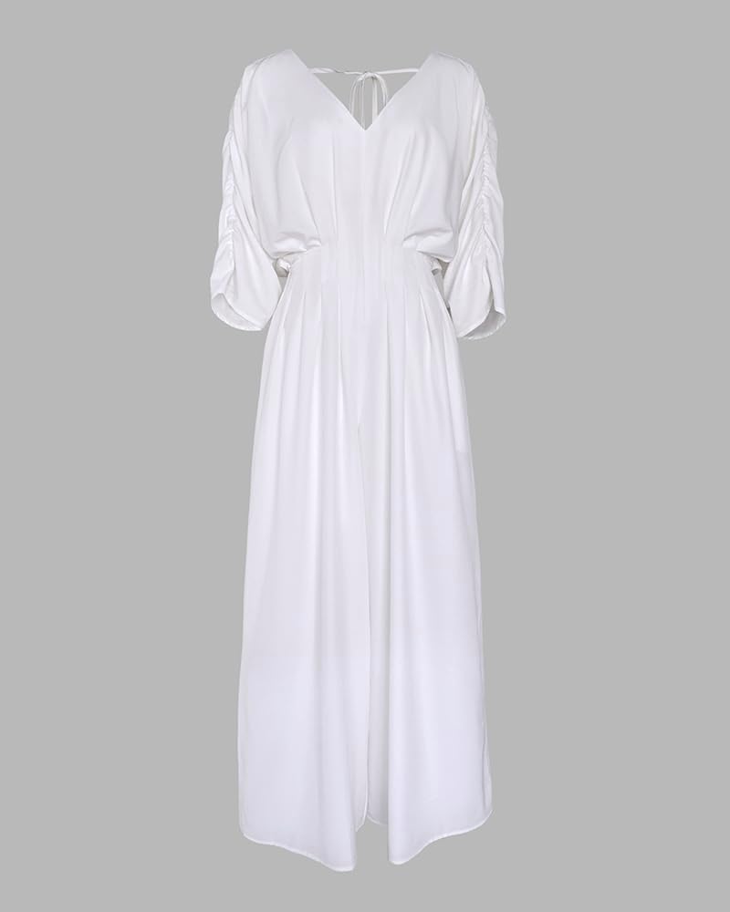 CHICME Women's V-Neck Half Sleeve Ruched Jumpsuit Casual Flowy Wide Leg Pants One Piece Jumpsuit - Image 5