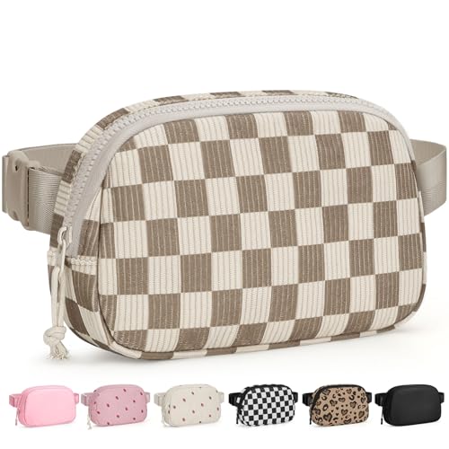 Pritent Fanny Packs for Women Cross Body Bag Waterproof Belt Bag with Adjustable Strap and Zipper Back Pocket Small Crossbody Bags Fashion Waist Packs for Workout Travelling(Checkered Khaki)