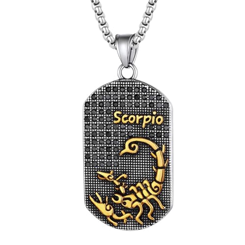JewelryWe Sternzeichen Kette Herren Erkennungsmarke: Skorpion Edelstahl 12 Sternbilder Tierkreis Horoskop Dog Tag Hundemarke Anhänger mit Gravur Konstellation Halskette für Männer Gold Silber