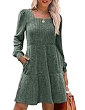 HUXRAKV Vestidos Mujer Suéter de Punto de Manga Larga Cuello Cuadrado A-Line Casual Túnica Vestidos de Otoño Invierno con Bolsillos,WD47-Verde,M