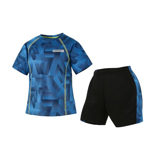 QIMAOPH Kids Boys Short Sport Set Children Athletic Shorts and Performance T-Shirt Football Jersey Sets Crewneck Polyester Soccer Tennis Outfits Set Age 4-12 Years Old Dark Blue