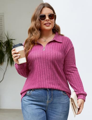 Image of Tanst Sky Womens Plus Size Knit Sweater Long Sleeve Lapel Zip V Neck Tops Lightweight Solid Color Blouses XL-5XL