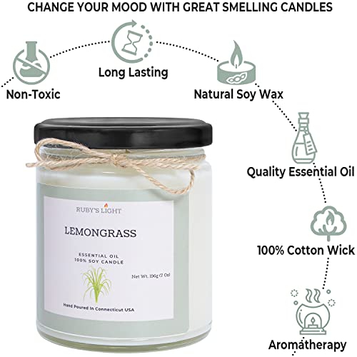 Lemongrass Essential Oil Candle | Aromatherapy For The Home | 9 Oz Glass Jar | All-Natural Soy Candles | Cotton Wick | High Scent | Gift For Women & Men #TOP2