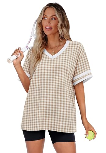 Image of WIHOLL Womens T Shirts Loose Fit Short Sleeve Tees V Neck Color Block Summer Tops 2026 Fashion S-4XL