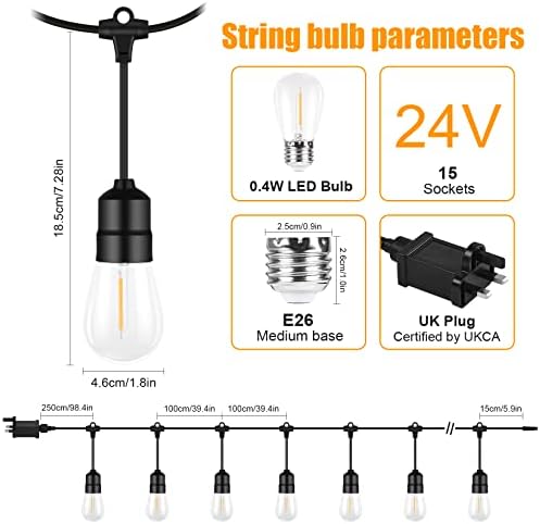 57FT Outdoor String Lights Mains Powered with 15+2(Spare) LED Shatterproof Bulbs, S14 Weatherproof Festoon Lights Outdoor with Hanging Outside Patio String Lights for Garden, Backyard, Party, Wedding
