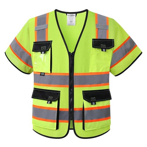 JKSafey Safety Vest for Men Women Sleeved Class 3 Hi Vis Vest with Pockets Meet ANSI Standard Yellow Color Extended Orange Strips (BX361-Yellow L)