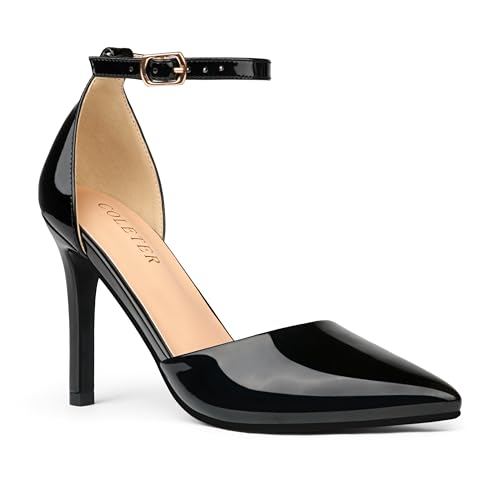 COLETER Women's 4Inch Pumps Pointed Toe Ankle Strap Stiletto Heels Party Wedding Dress Shoes Black 9US