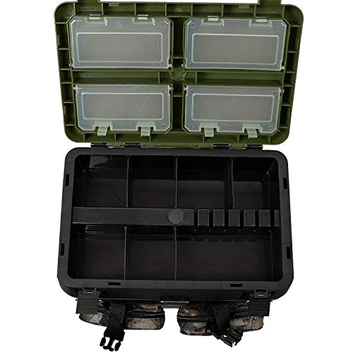 Foto von ARAPAIMA FISHING EQUIPMENT® Sitzkiepe | Angelbox | Angelrucksack inkl. 4 Kunststoffboxen für Angelzubehör - Grün/Camouflage