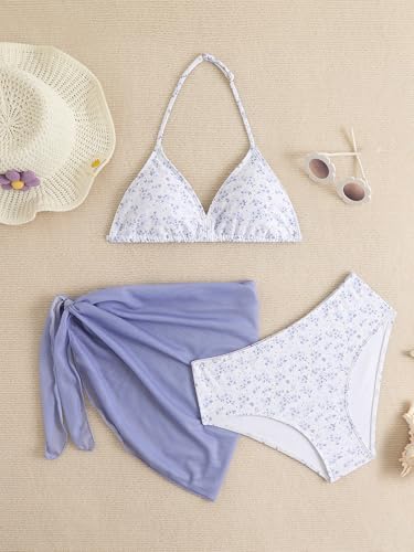Image of SEGT Girl's 3 Piece Striped Bikini Swimwear Cute Swimsuits Bathing Suit High Waisted with Cover Up Beach Skirt