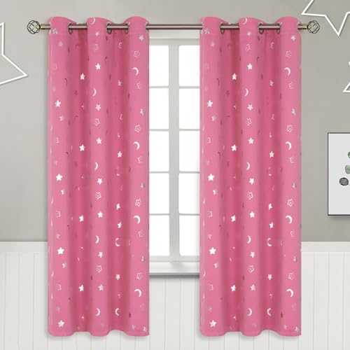 Image of BGment Pink Curtains for Girls Bedroom 72 Inch Length, Star and Moon Blackout Curtains for Kids Babys Bedroom, Room Darkening Thermal Insulated Window Grommet Curtains for Nursery, 42 Wide, 2 Panels