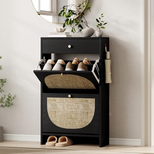 Nicetree Shoe Storage Cabinet for Entryway, Slim Shoe Rack with 2 Flip Drawers and Top Storage Drawer, Narrow Shoe Organizer with Arched Rattan Accent, Entryway Shoe Storage for Size 12+ Shoes, Black by Nicetree - Used condition - Image 5