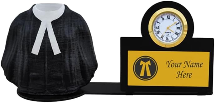 SAVRI Personalized Advocate Coat Metal Base Pen Stand with Watch, Name Plate with Post. Ideal Gift for Advocates, Lawyers, Vakils & Judges. Best for Birthday, Ceremony, Anniversary - Size 4x8 Inch