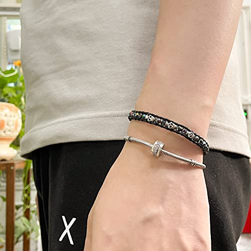 Image of KELITCH 925 Silver Skull Bracelets Wrap Bracelets Women Crystal Beaded Bracelets on Natural Leather