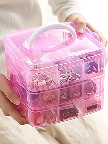Image of UCRAVO 1 PCS Plastic 3-Layer Jewelry Organizer Box with 18 Adjustable Dividers, Clear Transparent Storage Box with Collapsible & Removable Dividers, Stackable Toy Organizer Storage Case (PINK)