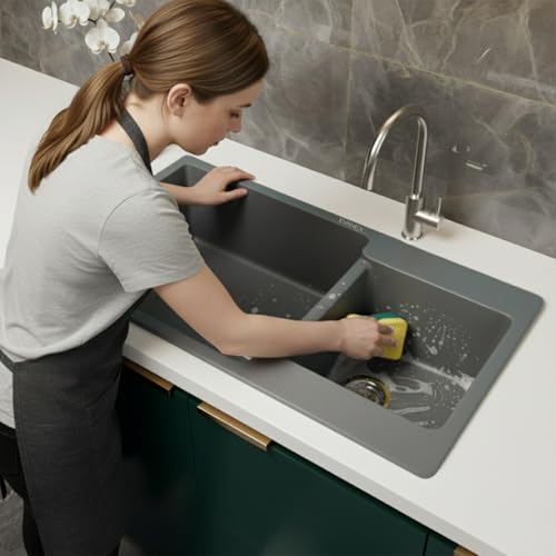 Image of EVANEX Quartz Kitchen Sink|Double Bowl Sink for Kitchen|Topmount /Undermount Kitchen Sinks|Grey Double Sink with Connector, Waste Pipe, Coupling and Drain Basket|34x20x9 Granite Kitchen Sinks