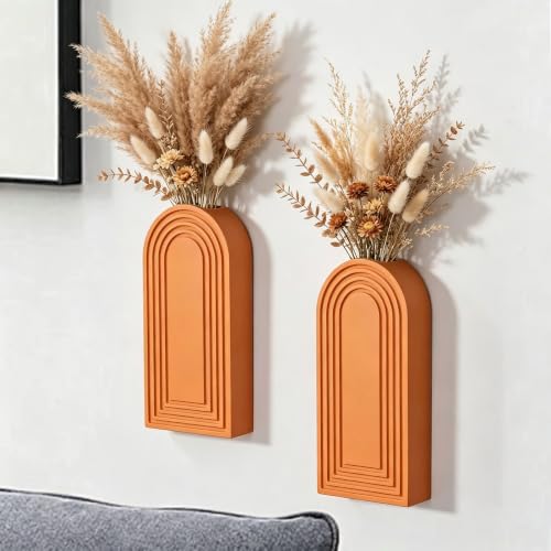 Dnnnii 2 Pack Wooden Wall Vase Set - Orange Finish Modern Farmhouse & Boho Wall Decor for Entryway, Hallway, Bathroom, Living Room, Dining Room, Narrow Spaces