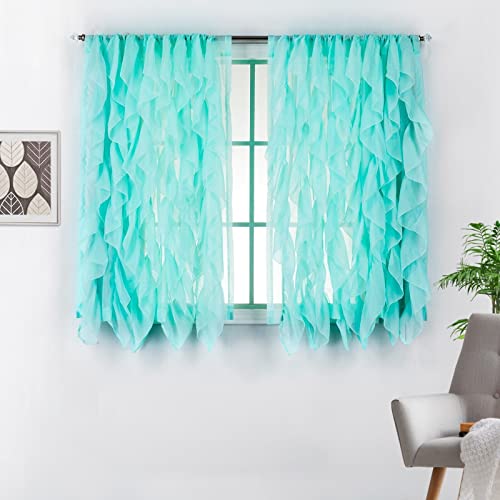 DiamondHome Decorative Sheer Vertical Ruffle Waterfall Window Treatment Curtain Drape Set (Sea Blue, 2 Panel 50