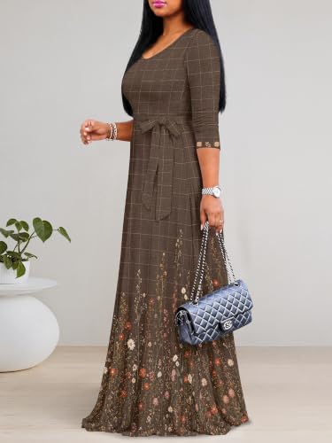 Image of PinkPatty Women's Plus Size Maxi Dresses Casual Flowy 3 /4 Sleeves Dress Printed Vacation Dress for Daily Wear with Belt