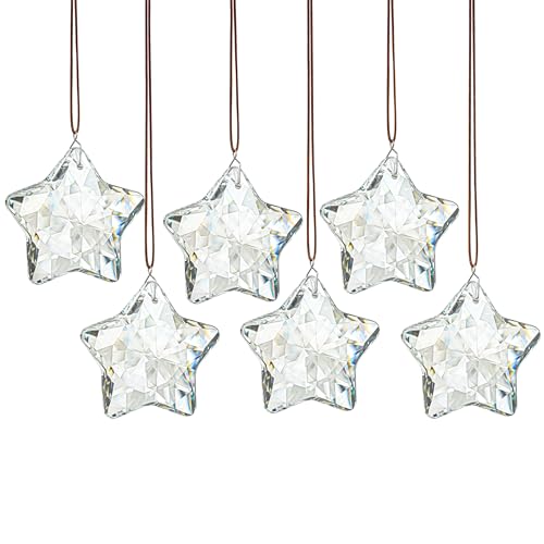 H&D HYALINE & DORA Set of 6 Crystal Glass Christmas Ornaments Clear Faceted Glass Christmas Star Crystal Hanging Ornaments for Xmas Tree Winter New Year Party Supplies