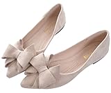 SAILING LU Bow-knot Ballet Flats Womens Pointy Toe Flat Shoes Suede Dress Shoes Wear to Work Slip On Moccasins Apricot Size 8