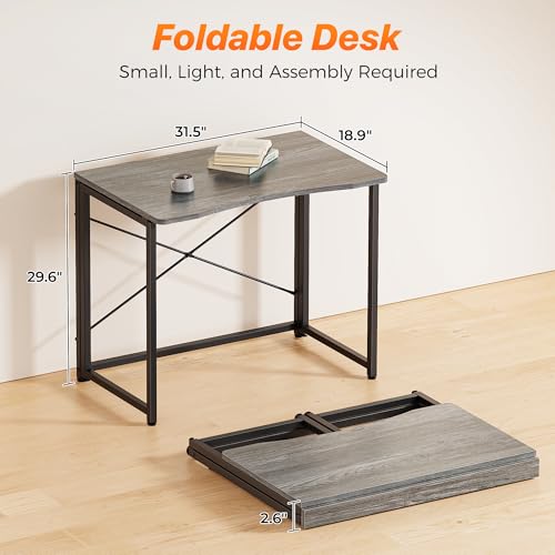 Image of Huuger Folding Desk for Small Spaces, 31.5 Inch Foldable Computer Table | Easy Assembly, Small Writing Work Office Computer Desk, for Home Office, Study, Bedroom, Dorm, Space Saving, Grey