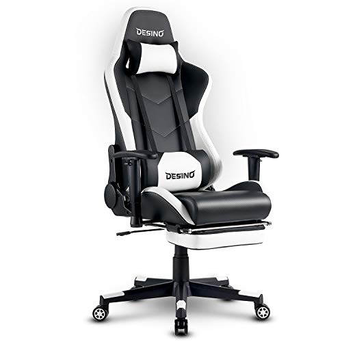 DESINO Gaming Chair Racing Style High Back Computer Chair Swivel Ergonomic Executive Office Leather Chair Video Game Desk Chair with Footrest for Adults (White)
