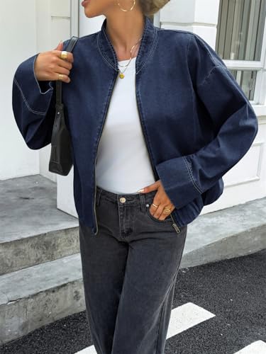 Tankaneo Womens Denim Bomber Jacket Zip Up Cropped Lightweight Jean Jacket Fall Casual Outerwear with Pockets2