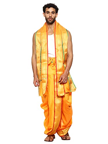 Image of Rameshwaram Fabrics Readymade Dhoti for Men, Velcro Style Stitched Mens Silk Dhoti Pant with Stole Set
