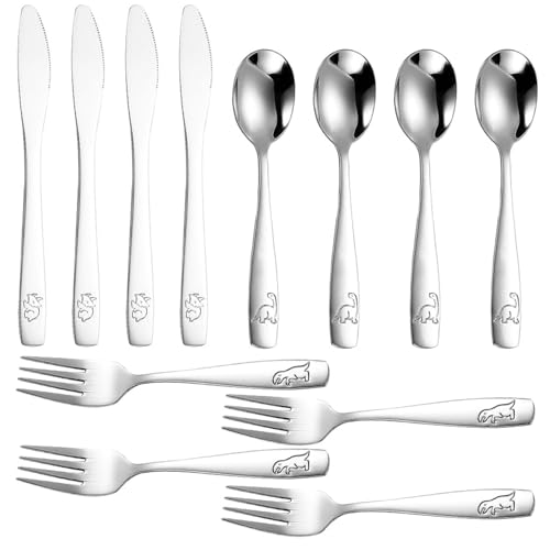 12 Stück Kindergeschirr, Edelstahlgeschirr, Geschirr Mit Dinosauriermuster, Messer-, Gabel- Und Löffelset, Sicheres Und Langlebiges Geschirr.